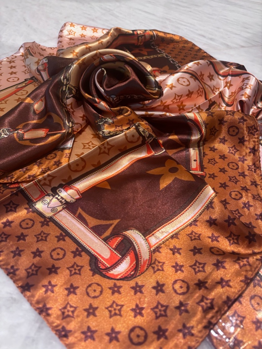 Luxury Brown Patterned Silk Headscarf - Picture 12 of 12